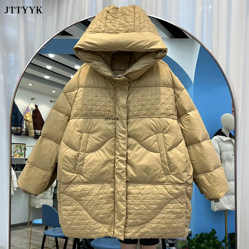 

2022 Winter New Jacket Women Hooded Parka Mid-length Korean Fashion White Duck Down Coat Loose Puffer Coat Bread Overcoat Female