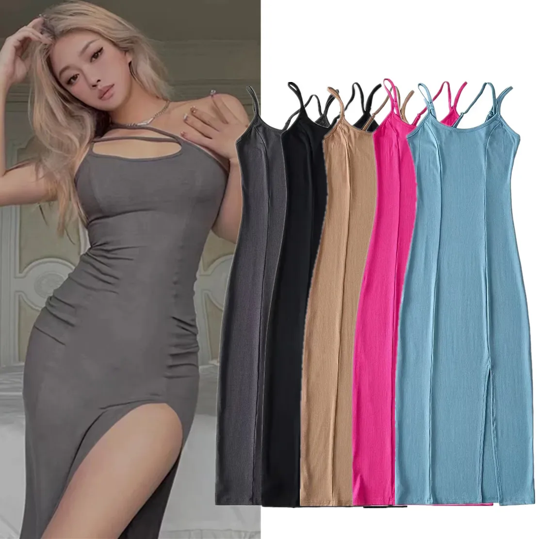 

Maxdutti Street Bandage Splicing Knitted Sheath Sexy Strapless Dress Women Ins Blogger High Dress