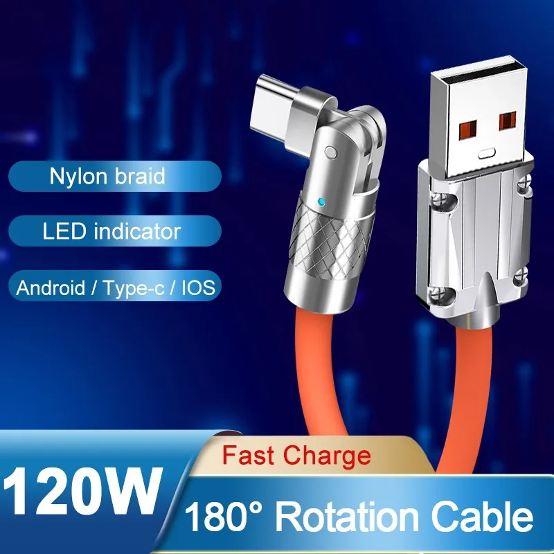 

180 Rotate USB Type C Cable Micro USB C Charger For Xiaomi Samsung 120W 6A Quick Charge 3.0 Fast Charging Cable Data Game Cord