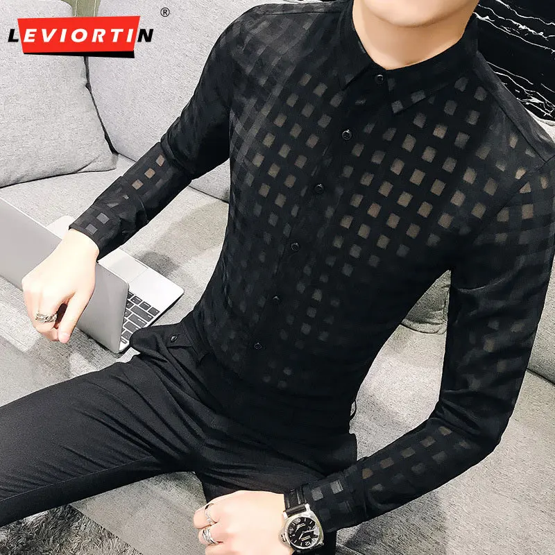 

Plus Size 4XL-M Spring New Houndstooth Lace Long Sleeve Shirts For Men Clothing 2023 Slim Fit Casual Prom Tuxedo Blouse Homme