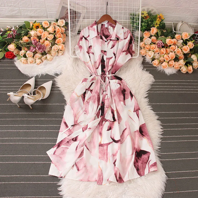 

Женское винтажное платье-рубашка, Элегантное Длинное ТРАПЕЦИЕВИДНОЕ ПЛАТЬЕ с принтом, коротким рукавом, отложным воротником и шнуровкой, осень 2023