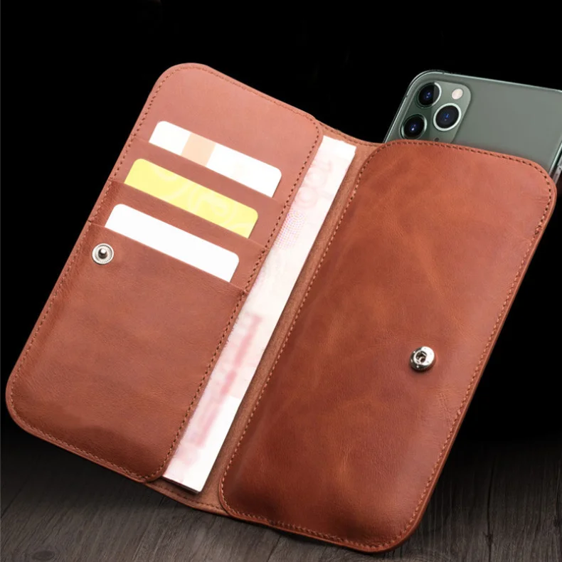 

YXAYN Multi-function Handmade Pure Genuine Leather Wallet For iPhone 12Min11 Pro Max X XR Xs Max 7 8 Plus Case Pouch Bags Case