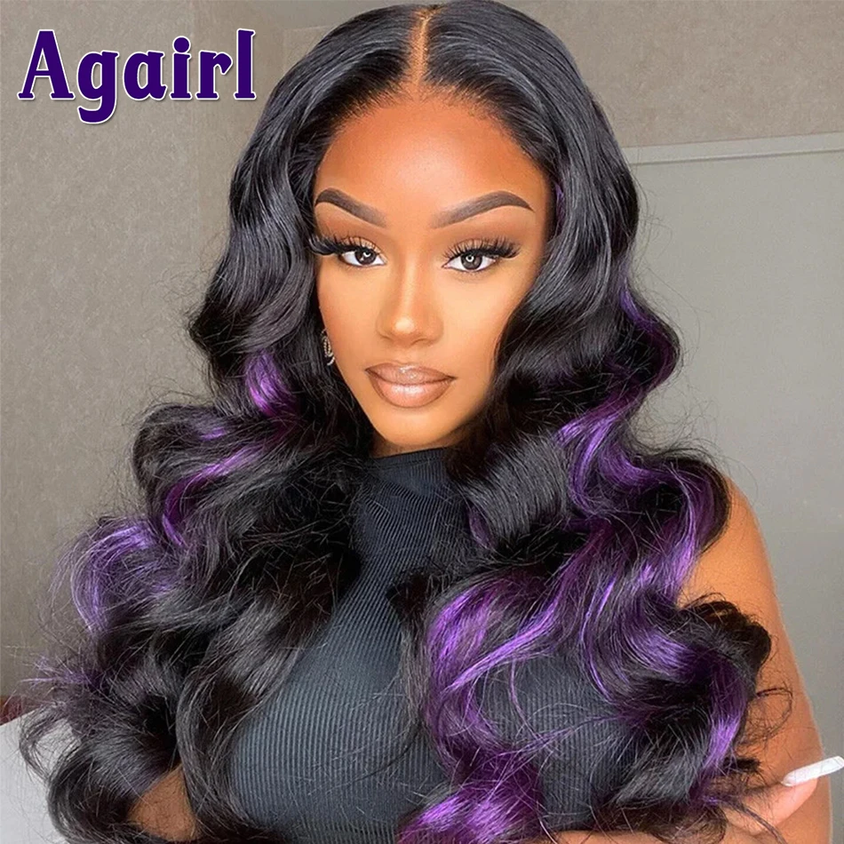 

Purple Highlights 13X6 Body Wave Lace Front Wig 13X4 Colored Lace Frontal Human Hair Wigs 180% Pre Plucked Brazilian for Women