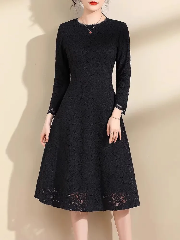 Ink Painting Qinghua 2024 New Winter clothes Elegant Lace Dress Fashion Slim fit Waist Hugging All-Matching A Word Base Skirt