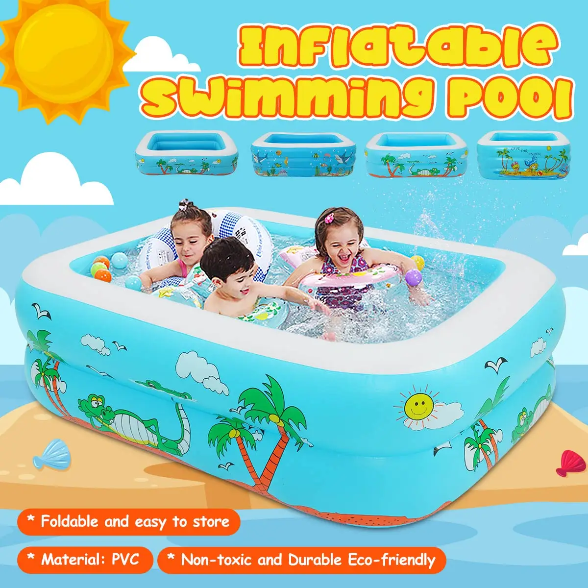 

110/120/150CM PVC Swimming Pool For Family Inflatable 3-Ring Thicken Removable Pool Backyard Square Bathtub for Kids Adults