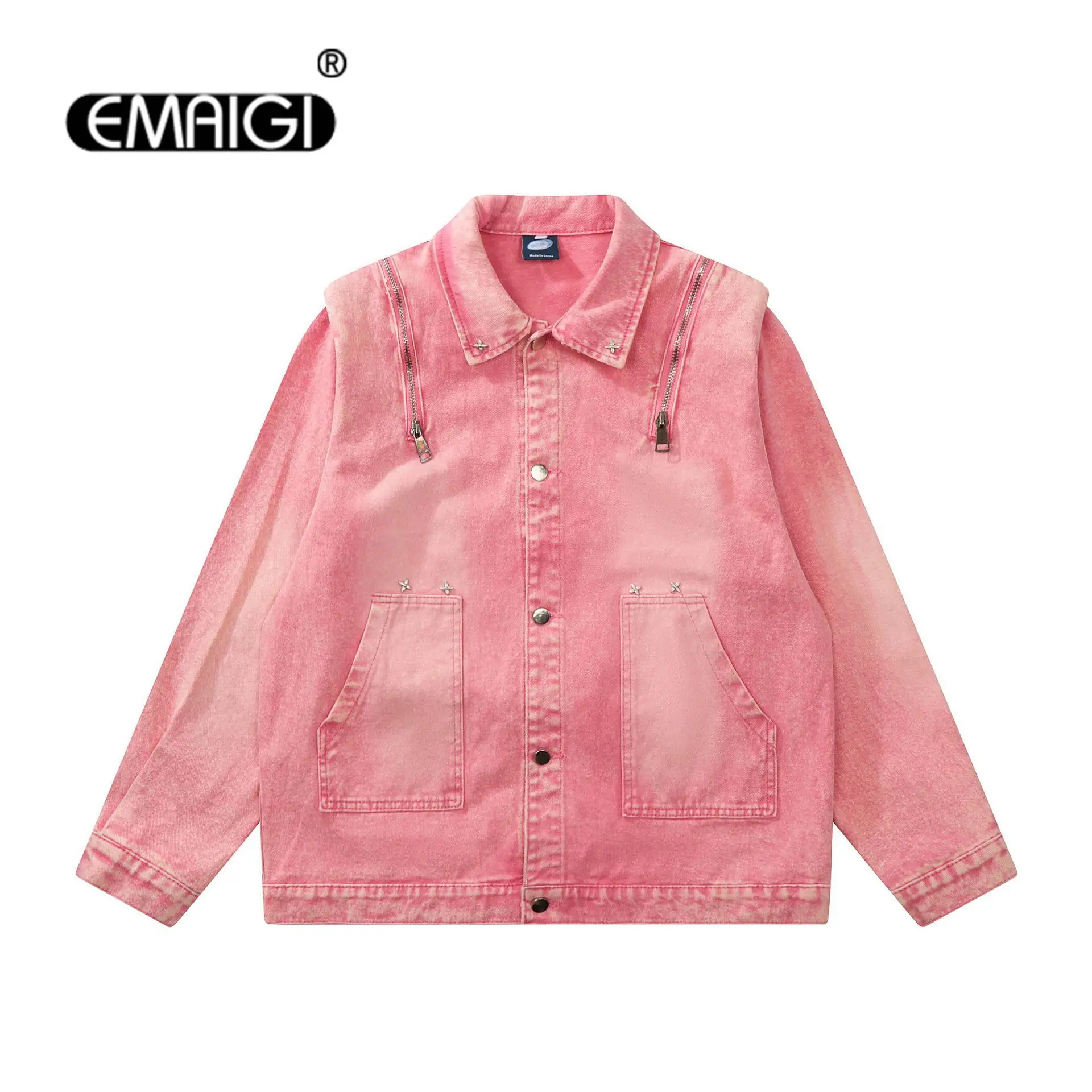 

Men Women Unisex Loose Streetwear Fashion Casual Vintage Shoulder Zipper Blue Pink Denim Jacket Male Jeans Coat Outerwear