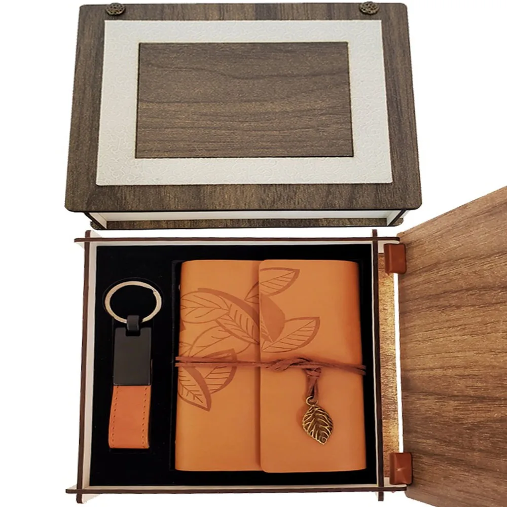 

Custom wooden box table leather notebook and keychain Set