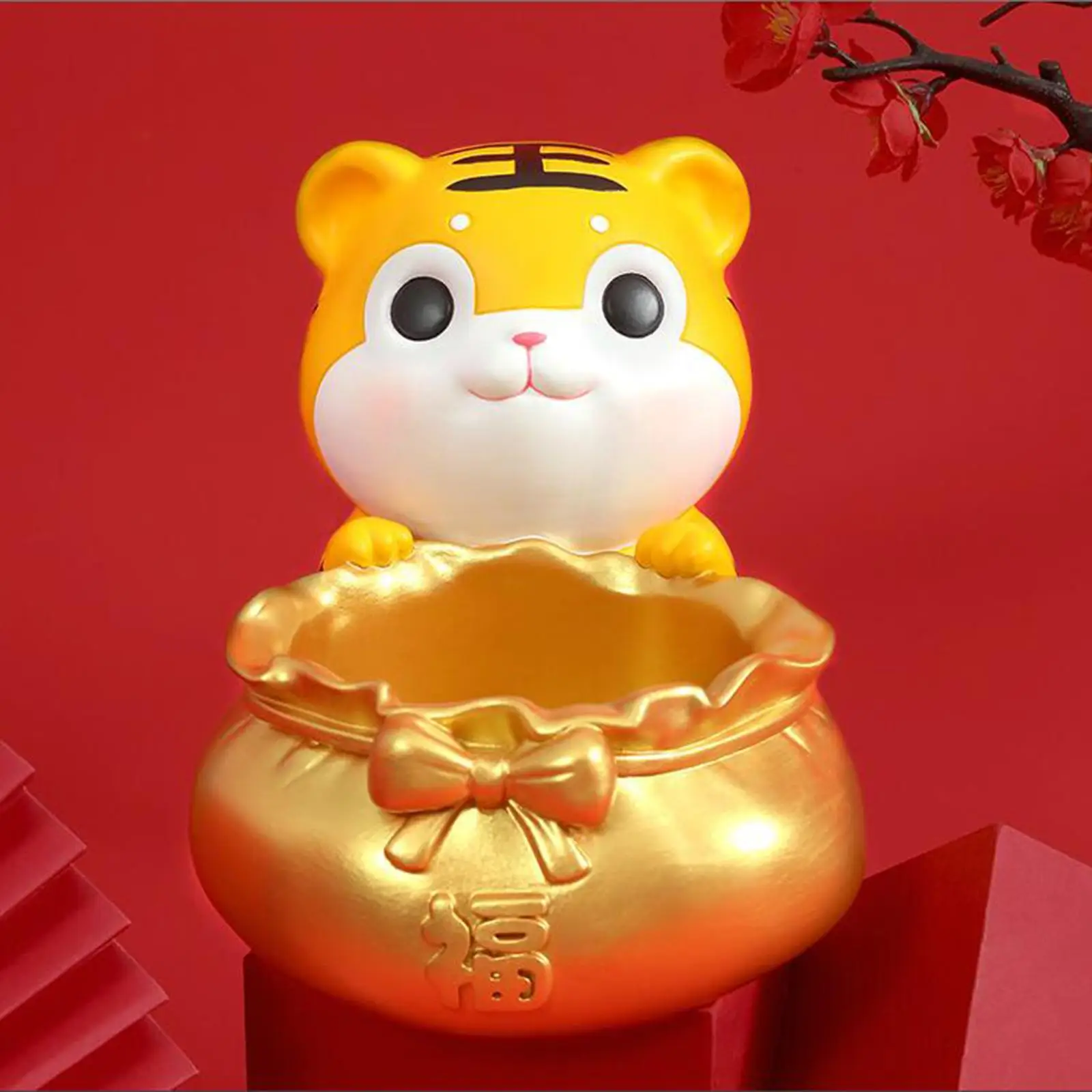 

Tiger Sculpture with Lucky Bag Ornaments Zodiac Animal Figurine for Hallway