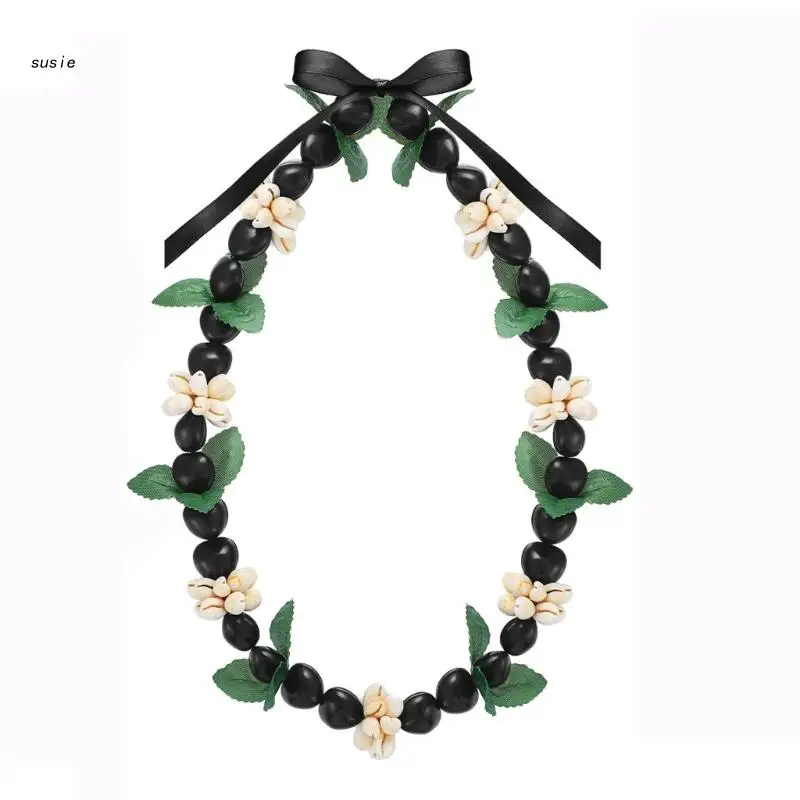X7YA Graduation Kukui Nuts Lei Necklace Chunky Acrylic Hawaiian Necklace with Ribbon Bow Graduation Party Accessories