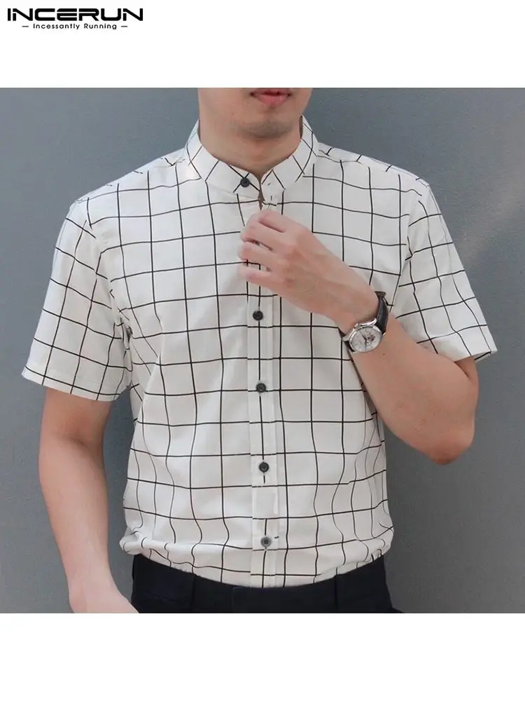

Casual Streetwear Style Men's Tops INCERUN Fashion Plaid Blouse Stylish Well Fitting Male Stand Collar Short Sleeve Shirts S-5XL