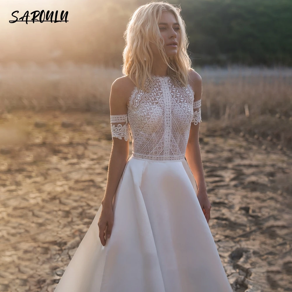 Богемное кружевное свадебное платье с лямкой на шее а-силуэт вырез жемчужная