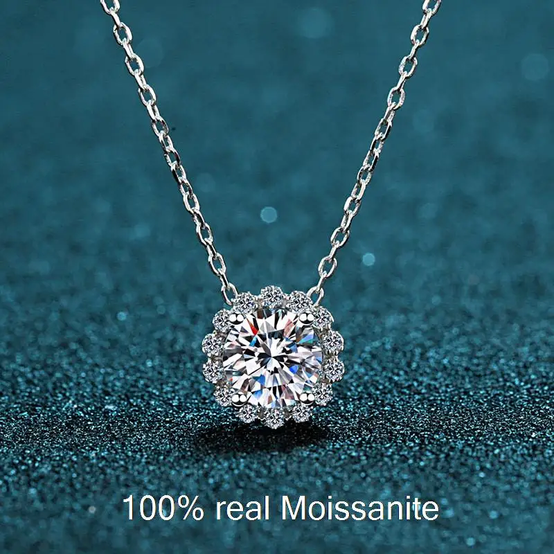 

Moissanite Necklace for Women Engagement 1CT Diamond Halo Pendent Necklaces silver 925 gold plated Wedding Jewelry