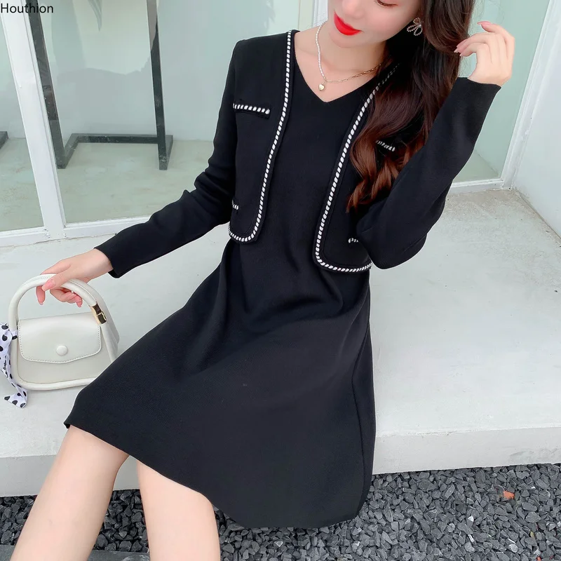 

Autumn New Women's Dress V-neck Long Sleeve Pure Color Stitching Knitting Fashion Loose Houthion
