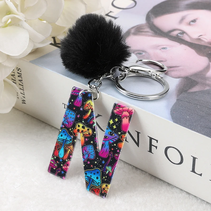 

1PC Letter Keychains Acrylic Mushroom 26 English Alphabet Keyring Handbag Crafts with Puffer Ball