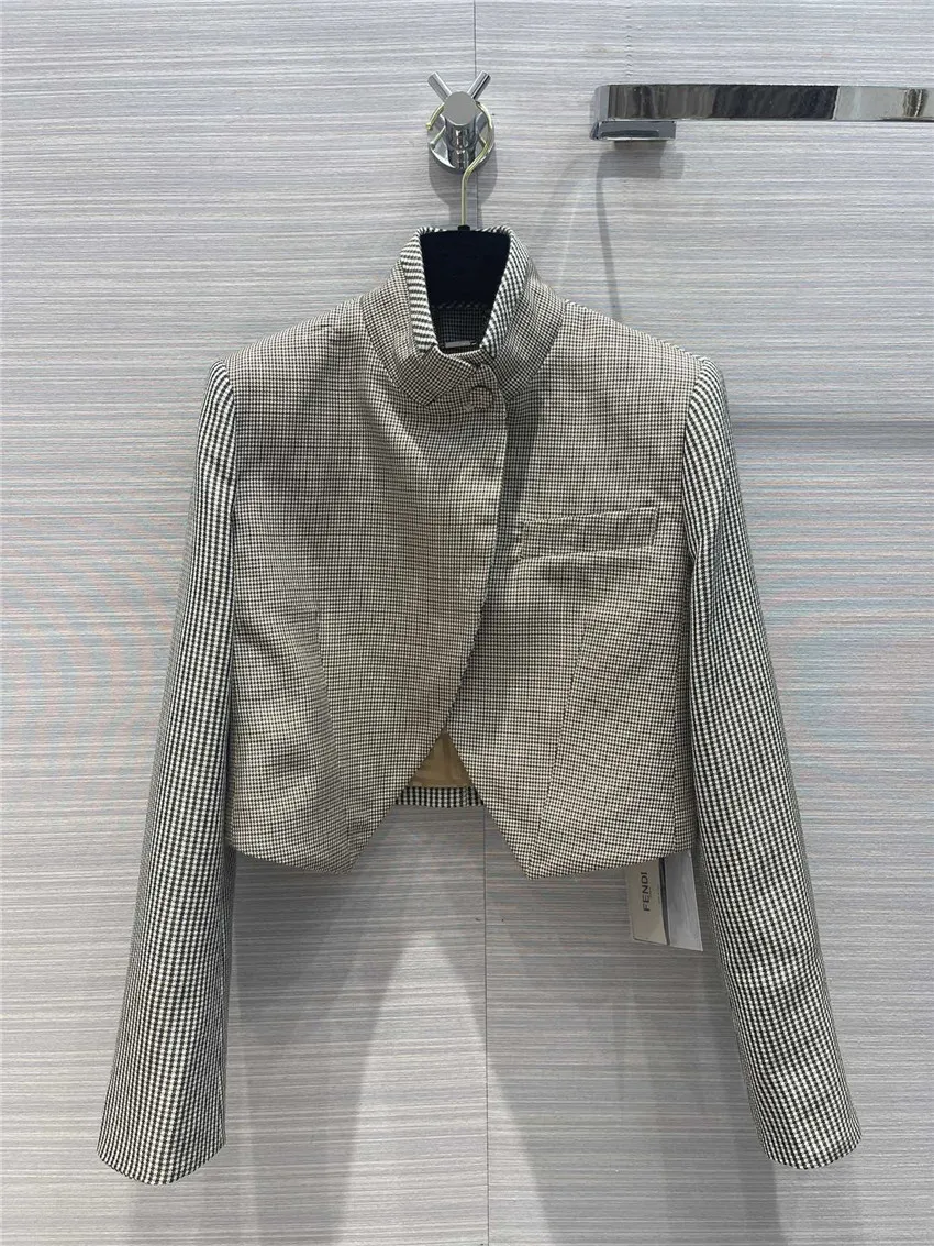 

Top Quality Women Vintage Stand Collar Houndstooth Jacket Coat