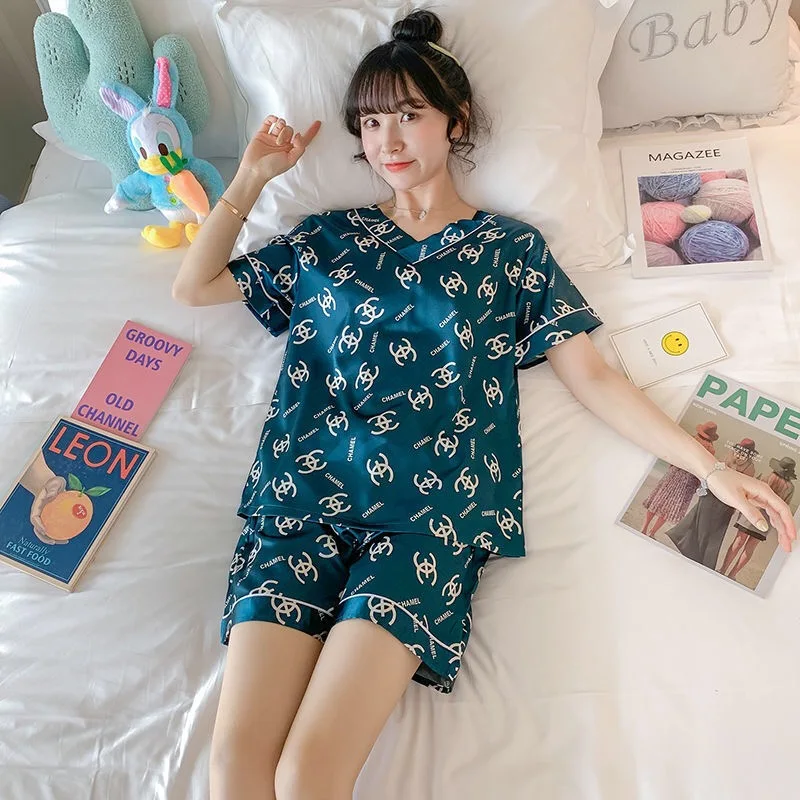Summer Women Girl Fashion Short Pajamas Suits Ice Silk Home Clothers Sets Sleepwear
