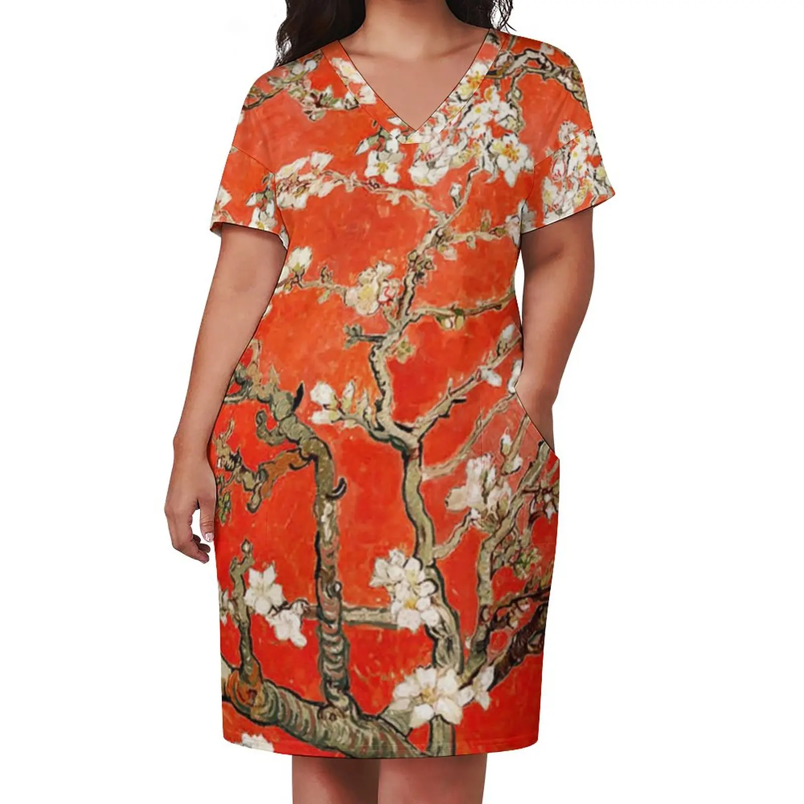 Vincent Van Gogh Dress V Neck Red Almond Blossoms Cute Dresses Women Streetwear Pattern Casual Dress With Pockets Plus Size 4XL