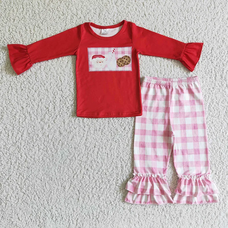 

Christmas clothing teen girls clothing santa cookie milk print pink plaid girls pants two piece set kid wholesale clothing