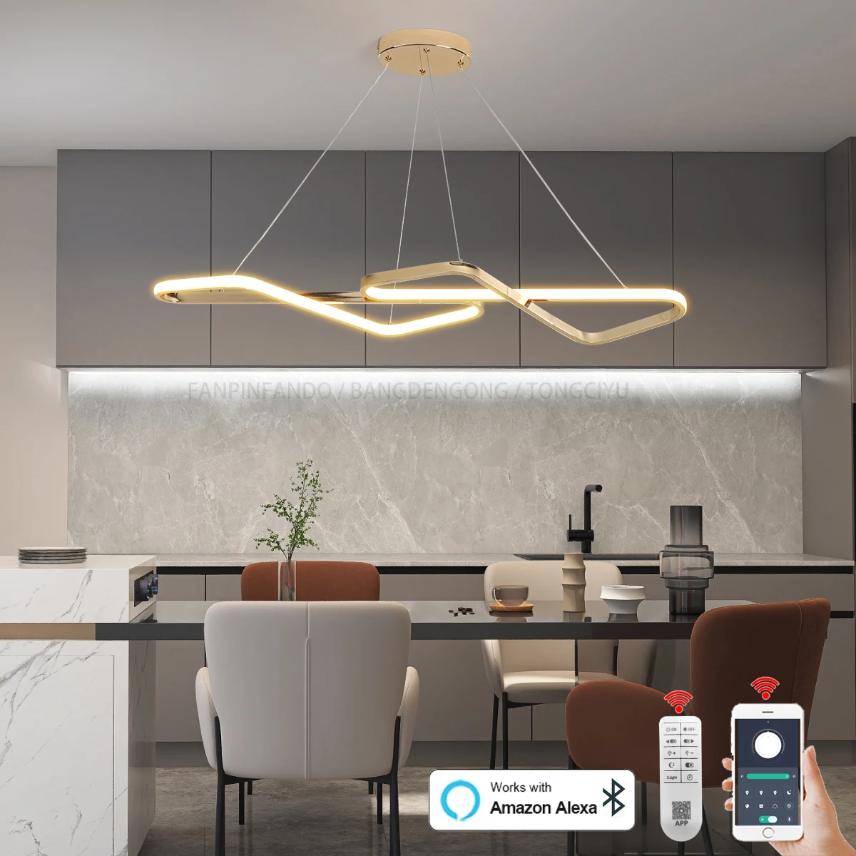 

Современная светодиодная Подвесная лампа, светодиодная люстра, Подвесная лампа для обеденного стола, ресторана, островка, хром/золото, Alexa/App/дистанционное управление