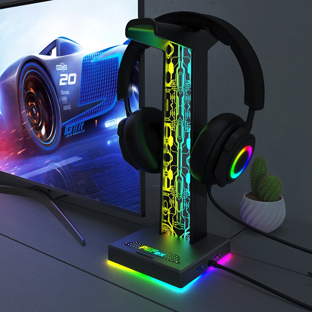 

Стойка-подставка для наушников RGB, 10 эффектов, 2 USB-порта, 3,5 мм