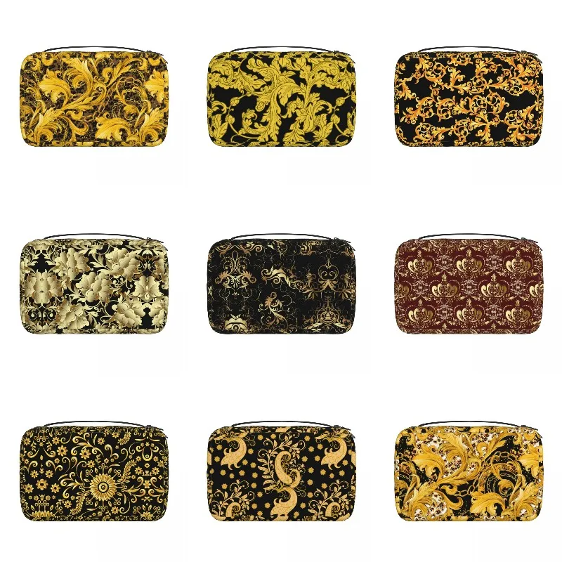 

Custom Golden Lace Seamless Pattern Toiletry Bag Women Curl Baroque Floral Makeup Cosmetic Organizer Lady Storage Dopp Kit Box