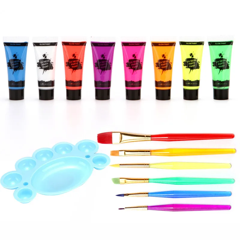 1Set Body Paint with brush Set kit light color Face Makeup Fluorescent Paints body kids Christmas halloween flesh - купить по