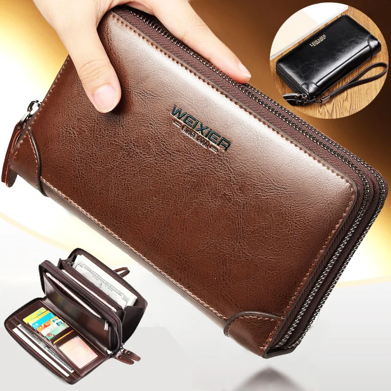 Men Long PU Leather Wallet Double Zipper Coin Pocket Male Purse Casual Business Card Holder Vintage Large Wallet Male Clutch Bag