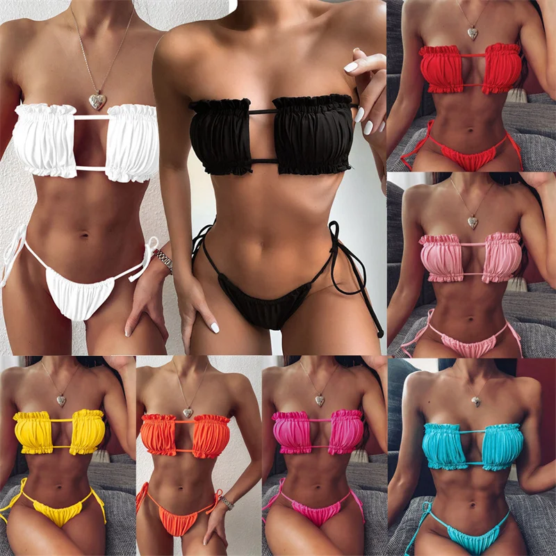 Sexy Solid Bikini Women Pleated Bandeau Swimsuit Female Low Waist Swimwear Beach Mini Thong Set Bathing Suit