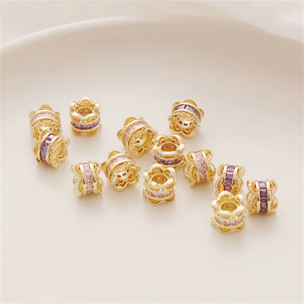 

14K Gold Plated Inlaid Ladder Square Zircon Hollow Lace Bucket Beads with Beads DIY Bracelet Necklace Transport Jewelry