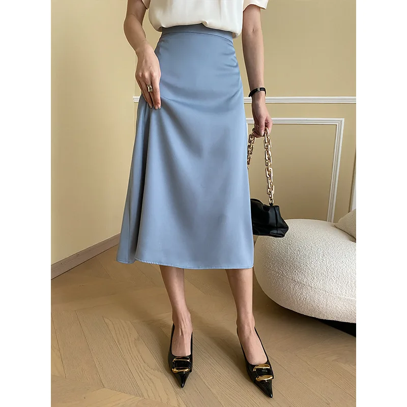 

Poplin Fabric Women Skirt Elegant High Waist Summer Lady Long Skirts Clothes Blue Color
