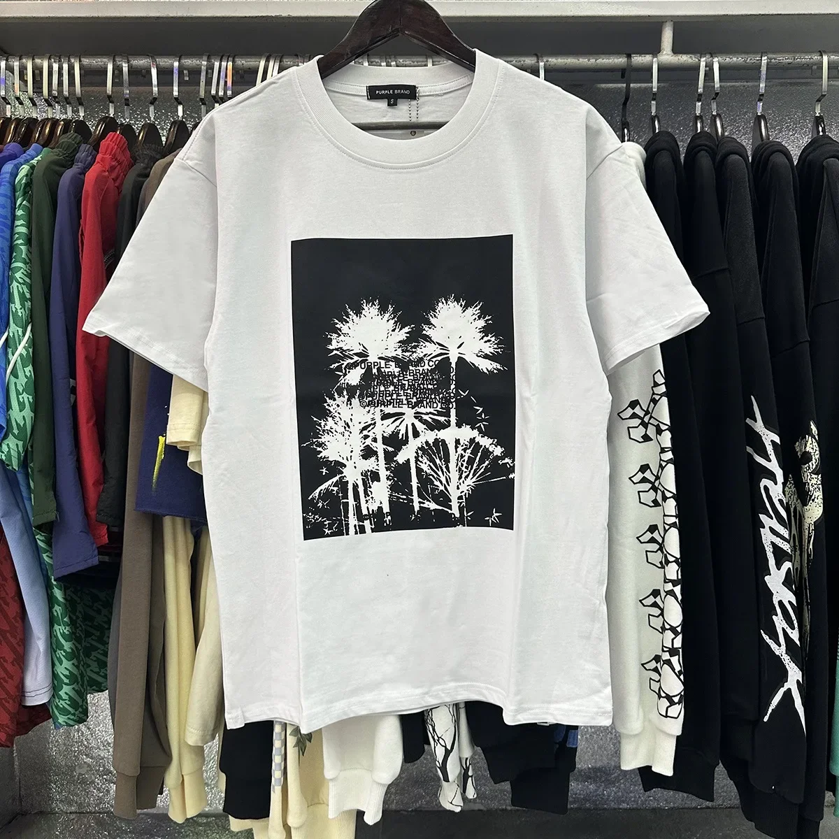 

PURPLE T-shirt Men Women Tree Printing Black White Top Short Sleeve Tee