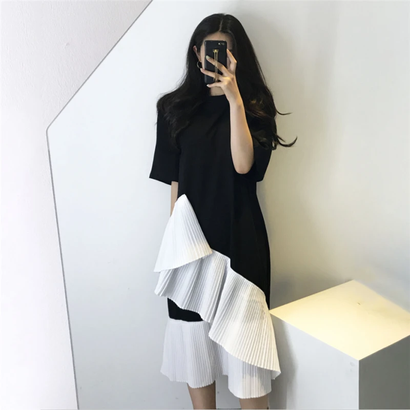 

Korean Patckwork Split T Shirt Dress Ruffled Irregular Hem Dresses Women Elegant Loose Cotton O-Neck Office Lady Midi Dress N156