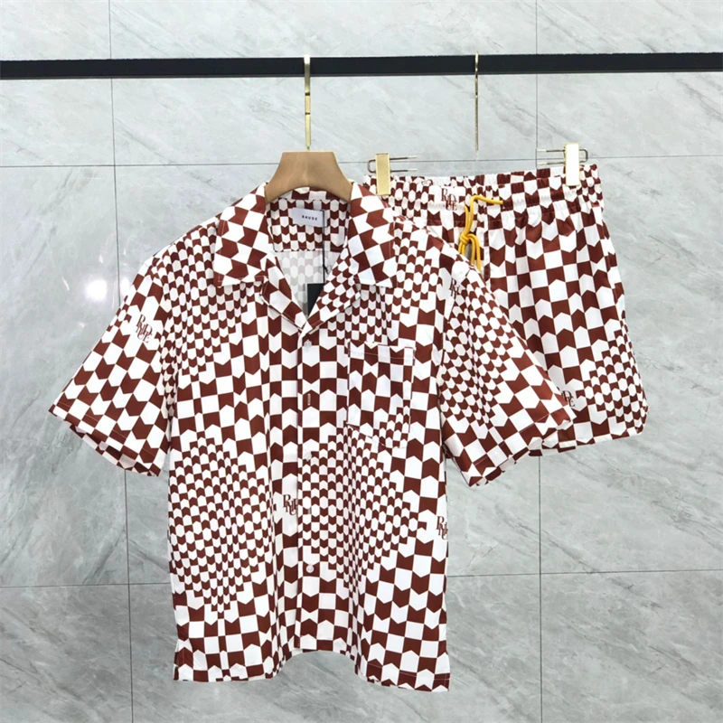 

23SS New Fasion Chessboard Rhude Beach Shirt Men Women Loose Casual Top Green Blue Brown Black Shirts Inside Tags Lil Peep