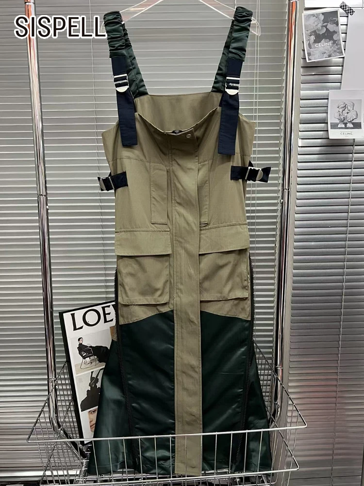 

SISPELL Patchwork Colorblock Midi Dress For Women Square Collar Sleeveless High Waist Vintage Sling Dresses Female Summer Style