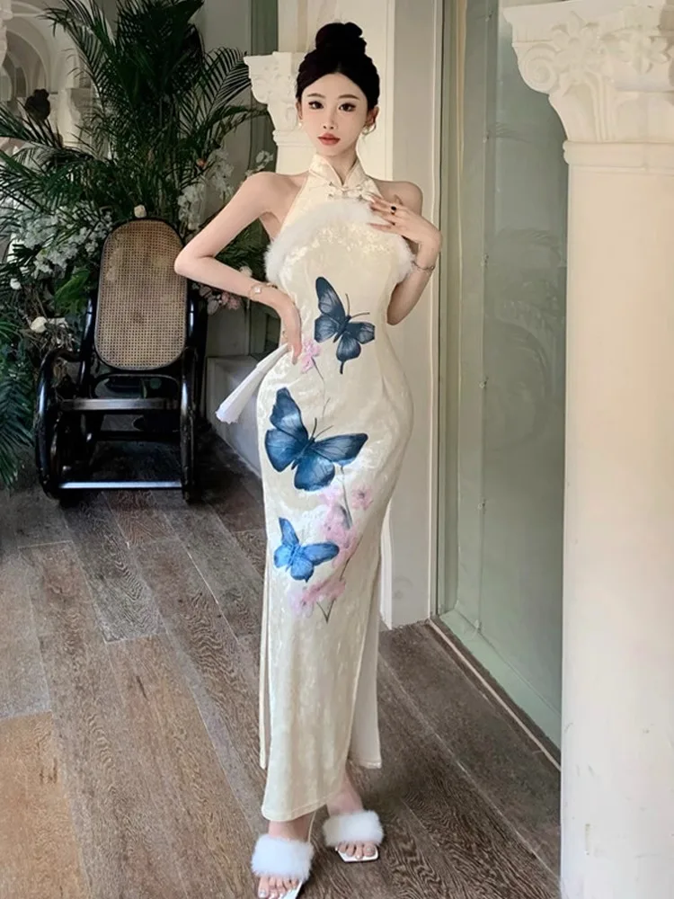 Ezgaga платья женские сексуальные элегантные пушистые лоскутные бархатные без