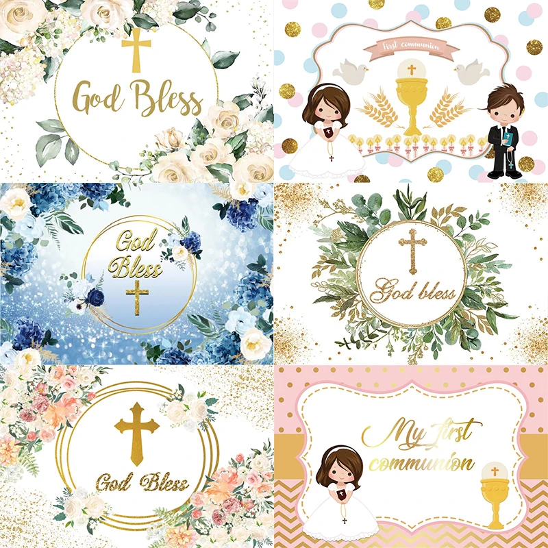 

God Bless Backdrop Baby Shower Boy Baptism First Holy Communion Christening Party Newborn Photoshoot Background Banner