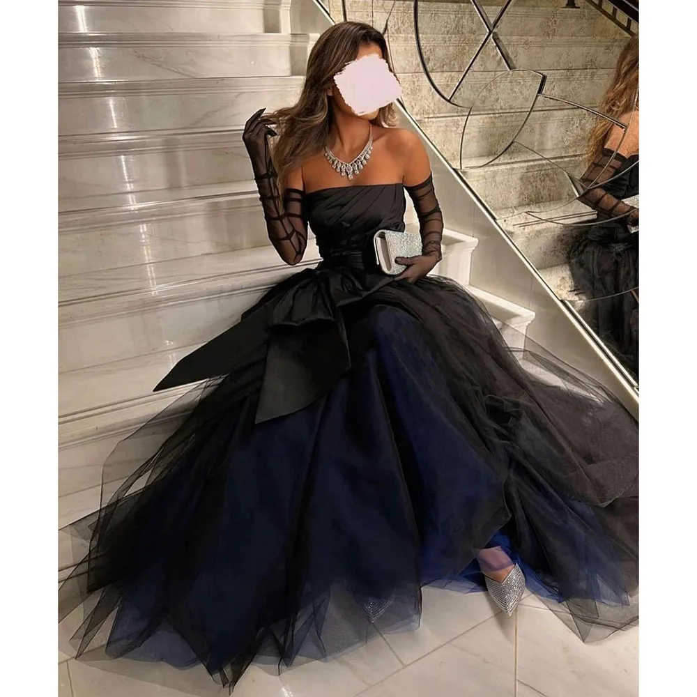 

Black Blue Tulle A Line Prom Dresses Saudi Arabia Formal Strapless Prom Gowns Princess Evning Dress Wedding Party Gown