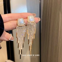 luxury shine geometric square pearl crystal rhinestone earrings for women bijoux long tassel dangle earrings weddings jewelry