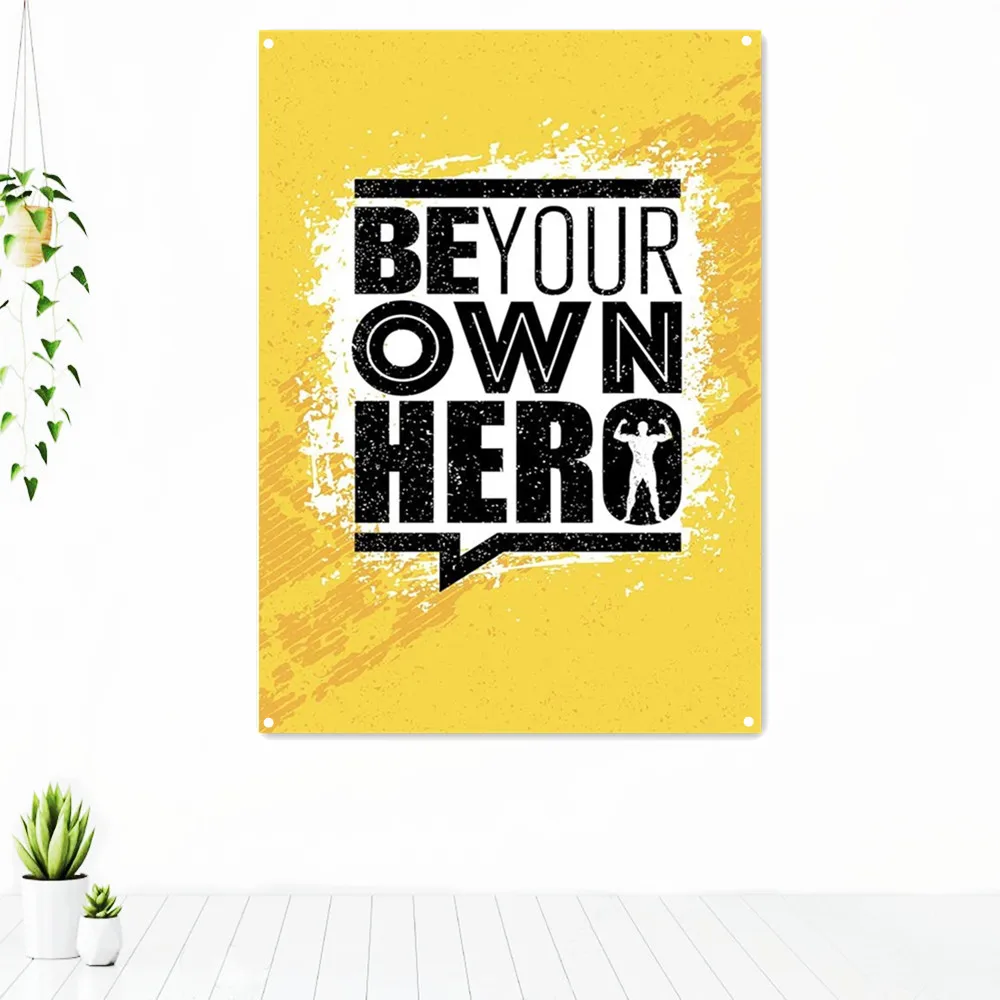 

BE YOUR OWN HERO Sports Fitness Poster Wall Art Exercise Inspirational Tapestry Gym Workout Decorative Banner Flag For Wall