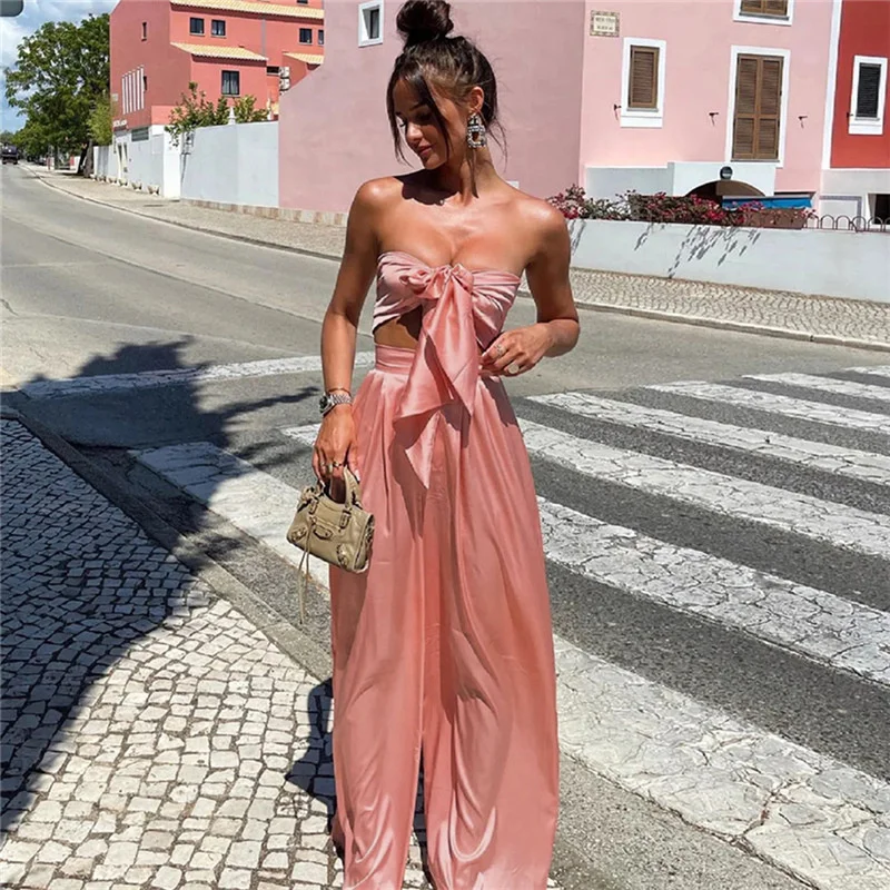 

2022 Summer Strapless Crop Top High Waist Wide Leg Pants Casual Suit Women Solid Loose Bow Tied Satin Two Piece Set