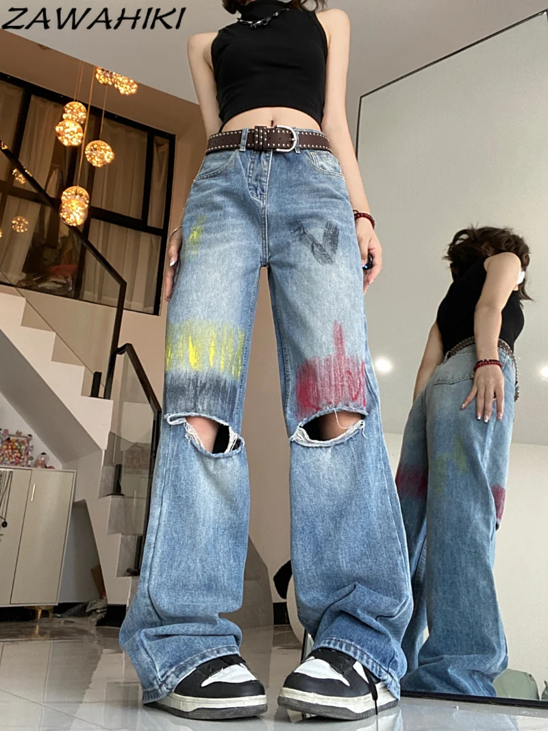 

Джинсы женские с дырками, винтажные свободные брюки из денима с широкими штанинами, модная уличная одежда с разбрызгивающимися красками в стиле Харадзюку, повседневные универсальные шикарные джинсы, на лето