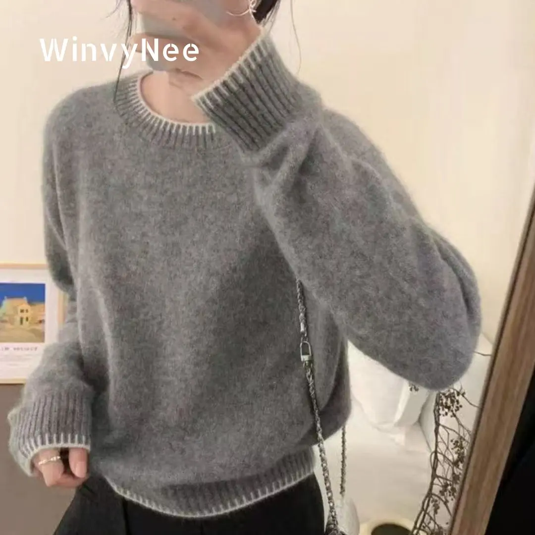 Фото WinvyNee женская одежда, свитер из 100% шерсти, однотонные пуловеры с круглым вырезом и длинными рукавами, мягкие трикотажные топы, джемперы, осень-зима A1283007 №1