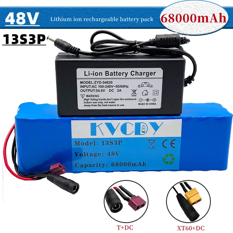 

48V 68000mAh 500w 13S3P XT60 / T-Plug 48V 18650 Lithium ion Battery Pack 68Ah For 54.6v E-bike Electric bicycle Scooter with BMS