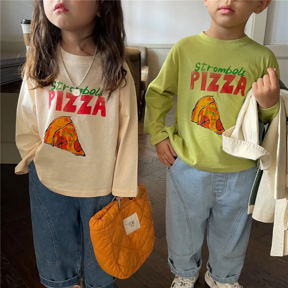 

Kids pizza printed long sleeve T shirts children fashion cotton loose Tees