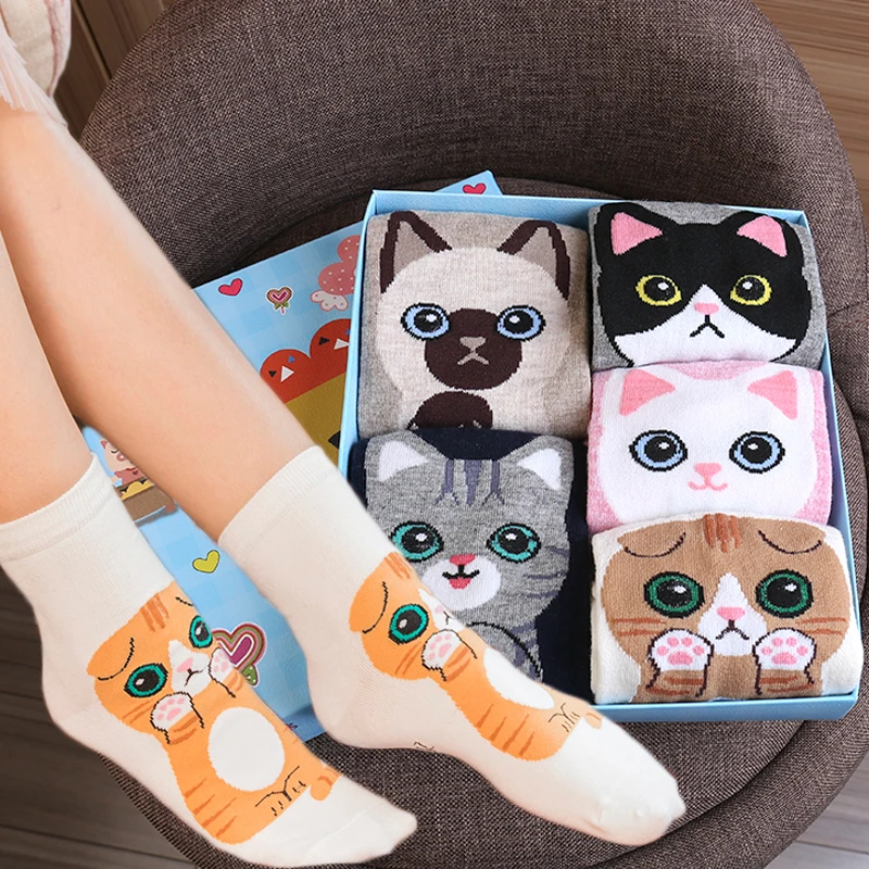 

Забавные короткие носки 1/5 пар, милые хлопковые модные японские мягкие женские носки в стиле Харадзюку, хип-хоп, с 3D рисунком кота, тапочки с животными, носки