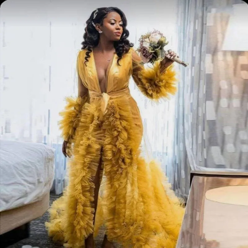 Соблазнительные золотистые тюлевые Свадебные платья с длинными рукавами и