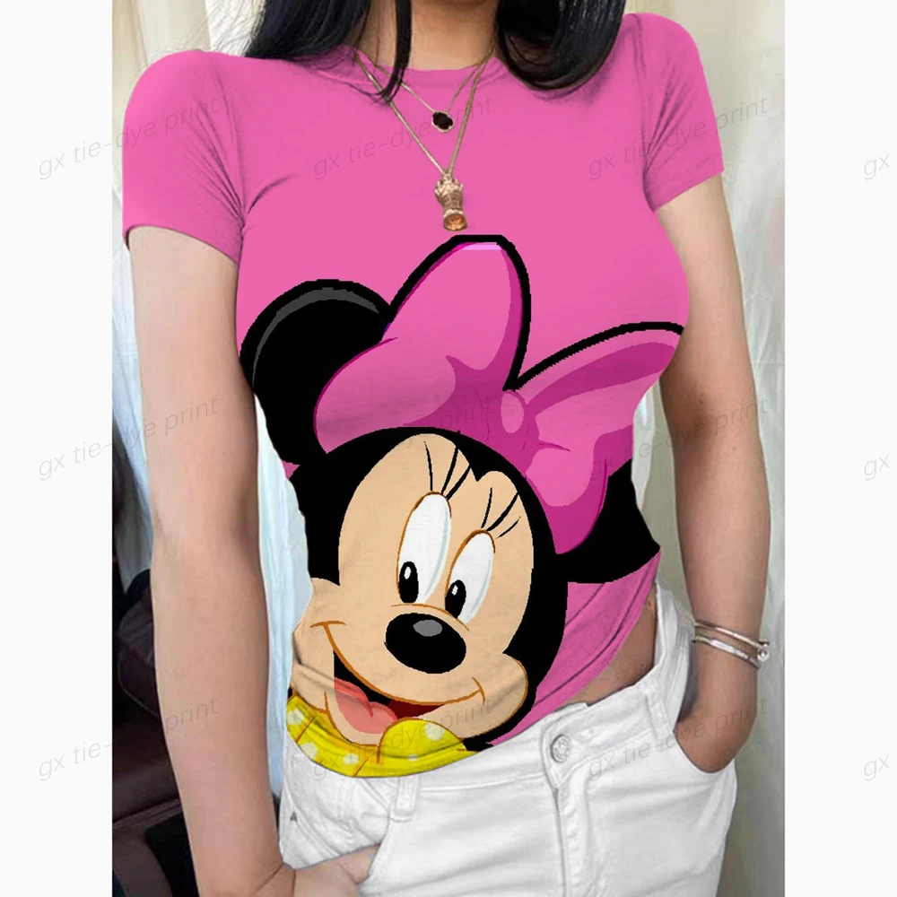 

Женский короткий топ с принтом Микки Мауса из Диснея, женская модная сексуальная облегающая футболка с круглым вырезом, летняя Женская Базовая футболка Y2K
