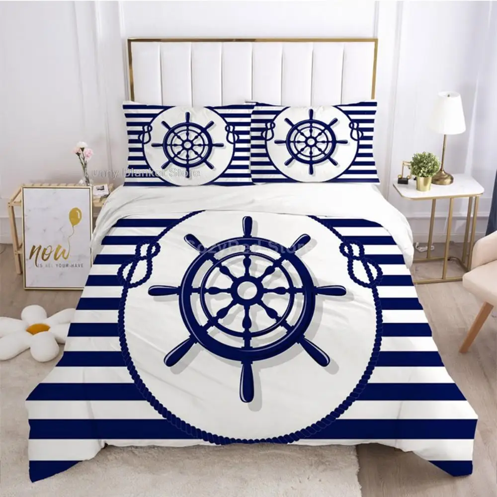 Комплект постельного белья в синюю и белую полоску с пододеяльником |