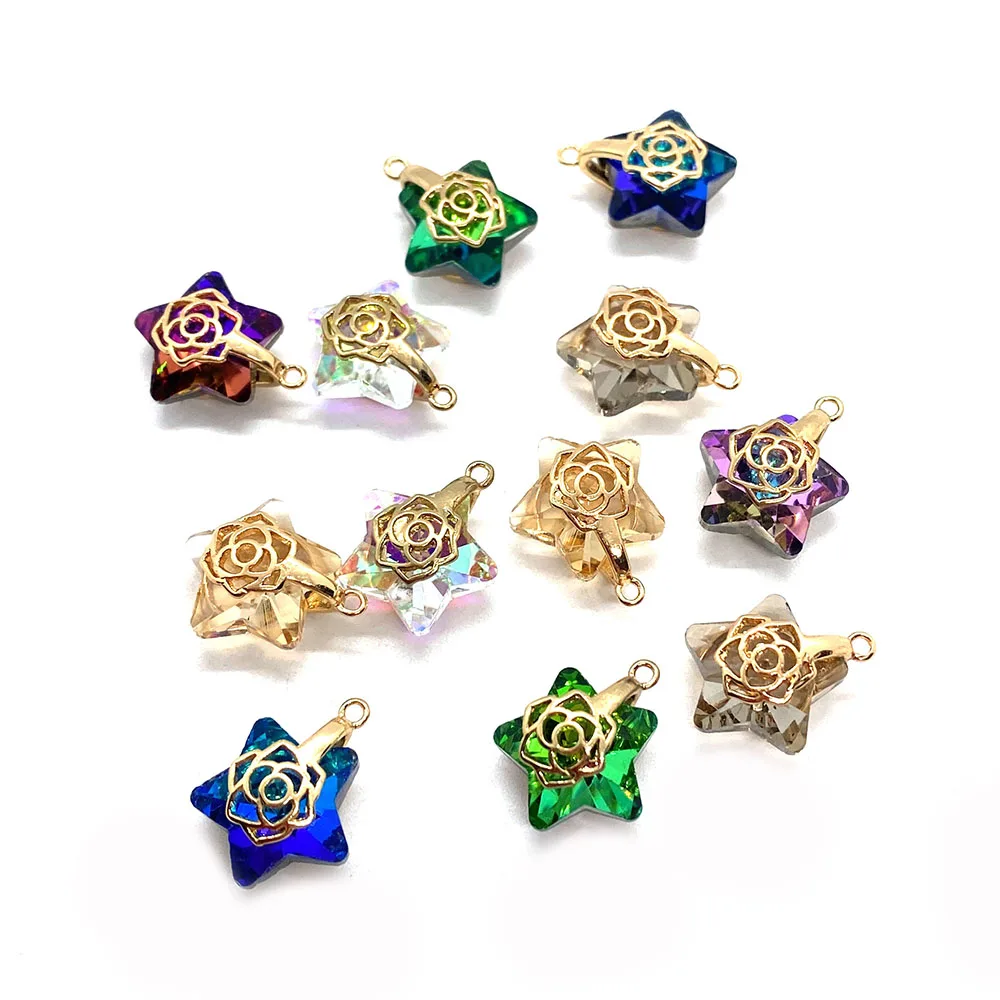 

5Pcs Exquisite Glass Crystal Pentagram Pendant 14x16mm Hollow Rose Fashion Charm DIY Making Necklace Earring Jewelry Accessories