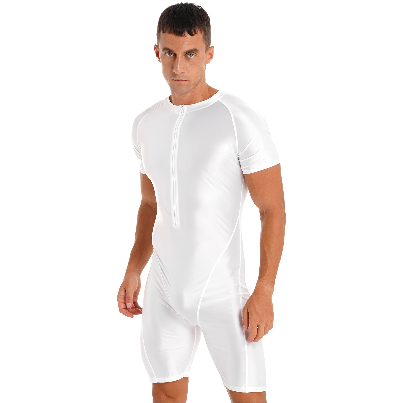 Mens Glossy Jumpsuit Rompers Solid Color Short Sleeve Zipper Bodysuit Swimwear Sportwear Adults Pajamas Playsuits Homewear 2023